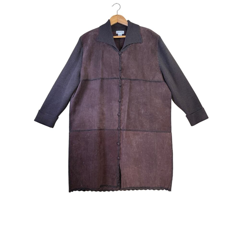 Silhouettes Vtg Leather Knit‎ Mixed Media Duster Coat Brown Boho Whimsigoth 1X